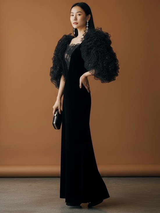 Oscar de la Renta Dresses & Skirts - Vtg 80s Oscar de la Renta Black Velvet Gown 8 Rhinestone Voluminous Sleeves NWT